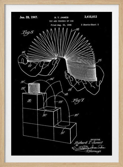 A framed black and white patent illustration for the Slinky toy, invented by R. T. James, dated January 28, 1947. The technical drawing shows hands holding the stretched coil and a diagram of the toy walking down stairs. Decor