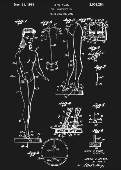 A framed vintage patent illustration for a 'Doll Construction' by J.W. Ryan, dated November 21, 1961. The design, shown in white lines on a black background, features a full figure of a female doll resembling Barbie, alongside detailed diagrams of her joints, stand, and shoes. Wall Art