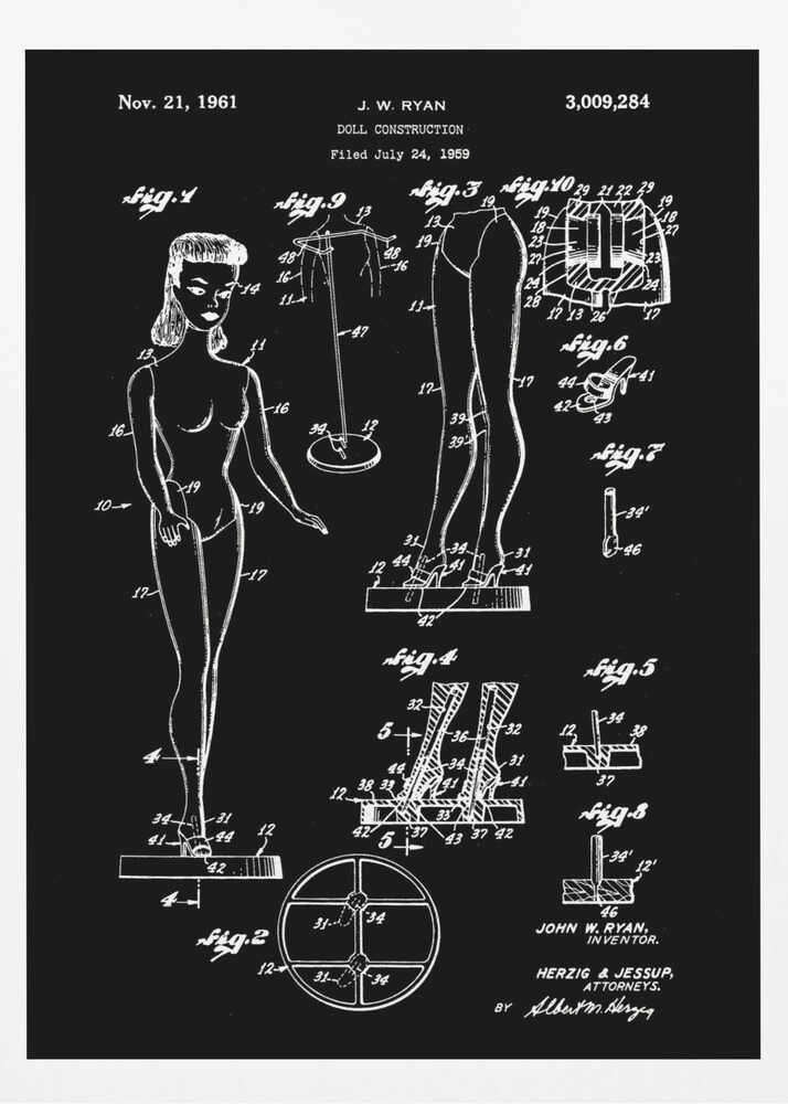 A framed vintage patent illustration for a 'Doll Construction' by J.W. Ryan, dated November 21, 1961. The design, shown in white lines on a black background, features a full figure of a female doll resembling Barbie, alongside detailed diagrams of her joints, stand, and shoes. Wall Art