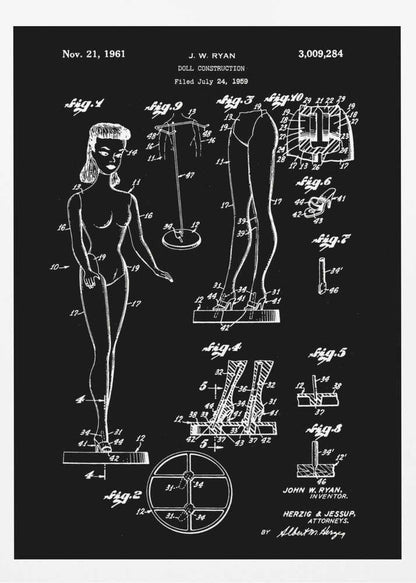 A framed vintage patent illustration for a 'Doll Construction' by J.W. Ryan, dated November 21, 1961. The design, shown in white lines on a black background, features a full figure of a female doll resembling Barbie, alongside detailed diagrams of her joints, stand, and shoes. Wall Art