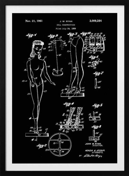 A framed vintage patent illustration for a 'Doll Construction' by J.W. Ryan, dated November 21, 1961. The design, shown in white lines on a black background, features a full figure of a female doll resembling Barbie, alongside detailed diagrams of her joints, stand, and shoes. Wall Art