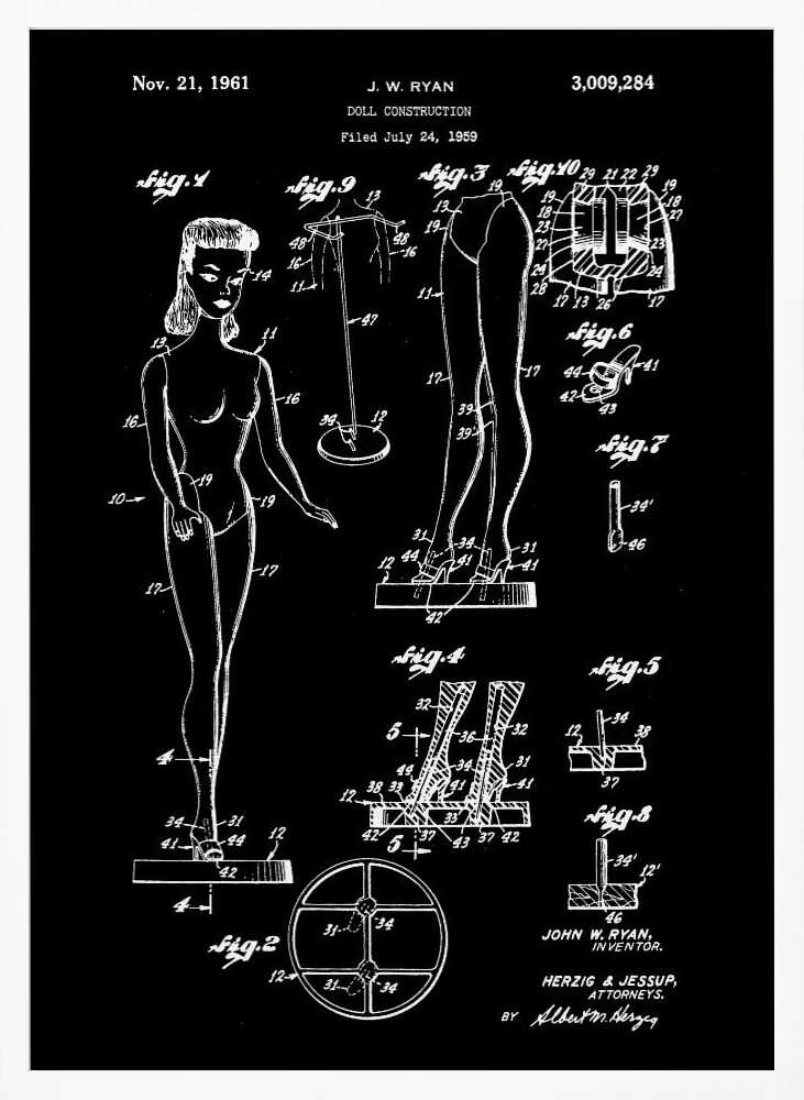 A framed vintage patent illustration for a 'Doll Construction' by J.W. Ryan, dated November 21, 1961. The design, shown in white lines on a black background, features a full figure of a female doll resembling Barbie, alongside detailed diagrams of her joints, stand, and shoes. Wall Art