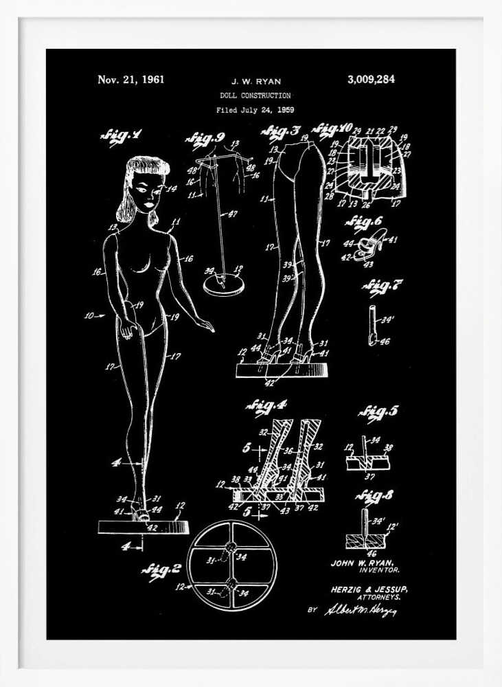 A framed vintage patent illustration for a 'Doll Construction' by J.W. Ryan, dated November 21, 1961. The design, shown in white lines on a black background, features a full figure of a female doll resembling Barbie, alongside detailed diagrams of her joints, stand, and shoes. Wall Art