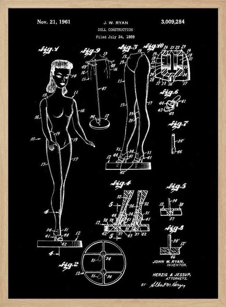 A framed vintage patent illustration for a 'Doll Construction' by J.W. Ryan, dated November 21, 1961. The design, shown in white lines on a black background, features a full figure of a female doll resembling Barbie, alongside detailed diagrams of her joints, stand, and shoes. Wall Art
