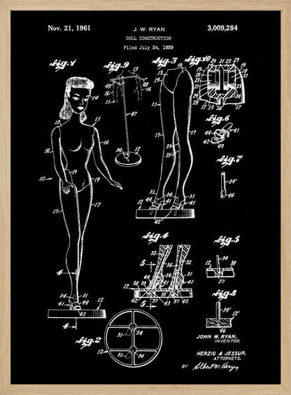 A framed vintage patent illustration for a 'Doll Construction' by J.W. Ryan, dated November 21, 1961. The design, shown in white lines on a black background, features a full figure of a female doll resembling Barbie, alongside detailed diagrams of her joints, stand, and shoes. Wall Art