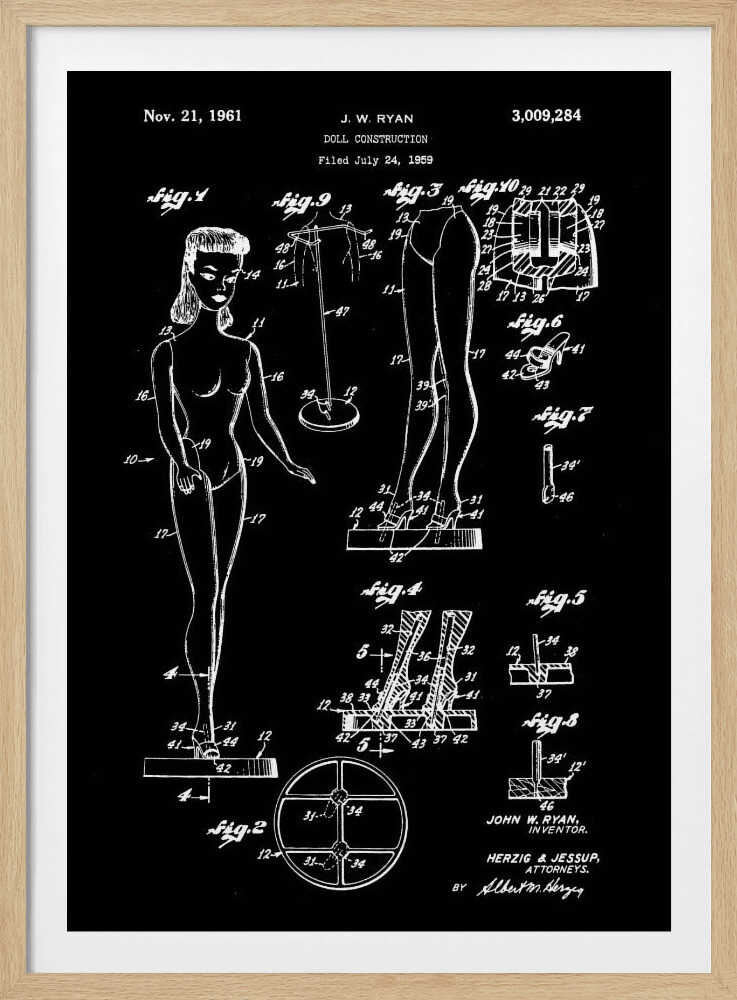 A framed vintage patent illustration for a 'Doll Construction' by J.W. Ryan, dated November 21, 1961. The design, shown in white lines on a black background, features a full figure of a female doll resembling Barbie, alongside detailed diagrams of her joints, stand, and shoes. Wall Art