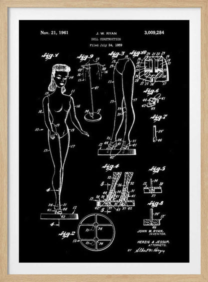 A framed vintage patent illustration for a 'Doll Construction' by J.W. Ryan, dated November 21, 1961. The design, shown in white lines on a black background, features a full figure of a female doll resembling Barbie, alongside detailed diagrams of her joints, stand, and shoes. Wall Art