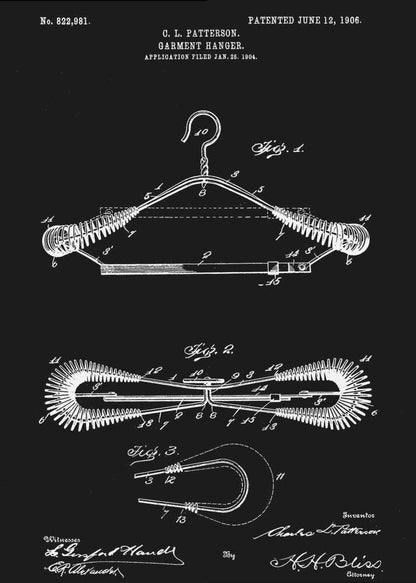 A vintage patent illustration for a garment hanger by C. L. Patterson, dated 1906. The technical drawing, in white lines on a black background, shows three figures detailing the wire hanger's design, including coiled spring-like arms. The document includes the patent number, dates, and signatures. Print
