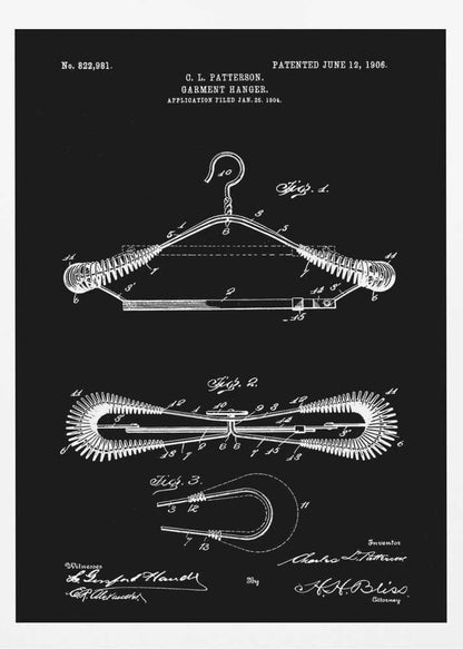 A vintage patent illustration for a garment hanger by C. L. Patterson, dated 1906. The technical drawing, in white lines on a black background, shows three figures detailing the wire hanger's design, including coiled spring-like arms. The document includes the patent number, dates, and signatures. Print