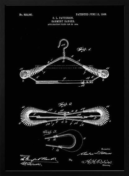 A vintage patent illustration for a garment hanger by C. L. Patterson, dated 1906. The technical drawing, in white lines on a black background, shows three figures detailing the wire hanger's design, including coiled spring-like arms. The document includes the patent number, dates, and signatures. Print