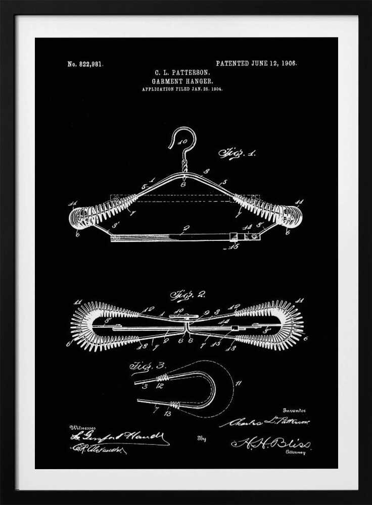A vintage patent illustration for a garment hanger by C. L. Patterson, dated 1906. The technical drawing, in white lines on a black background, shows three figures detailing the wire hanger's design, including coiled spring-like arms. The document includes the patent number, dates, and signatures. Print