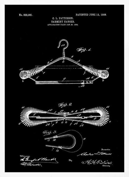 A vintage patent illustration for a garment hanger by C. L. Patterson, dated 1906. The technical drawing, in white lines on a black background, shows three figures detailing the wire hanger's design, including coiled spring-like arms. The document includes the patent number, dates, and signatures. Print