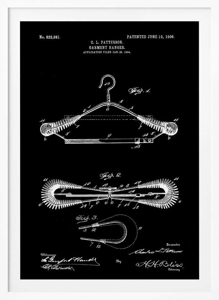 A vintage patent illustration for a garment hanger by C. L. Patterson, dated 1906. The technical drawing, in white lines on a black background, shows three figures detailing the wire hanger's design, including coiled spring-like arms. The document includes the patent number, dates, and signatures. Print