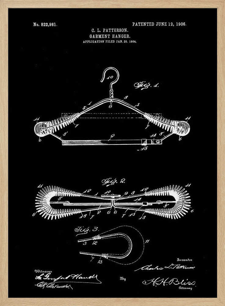 A vintage patent illustration for a garment hanger by C. L. Patterson, dated 1906. The technical drawing, in white lines on a black background, shows three figures detailing the wire hanger's design, including coiled spring-like arms. The document includes the patent number, dates, and signatures. Print