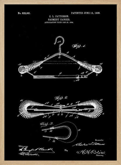 A vintage patent illustration for a garment hanger by C. L. Patterson, dated 1906. The technical drawing, in white lines on a black background, shows three figures detailing the wire hanger's design, including coiled spring-like arms. The document includes the patent number, dates, and signatures. Print