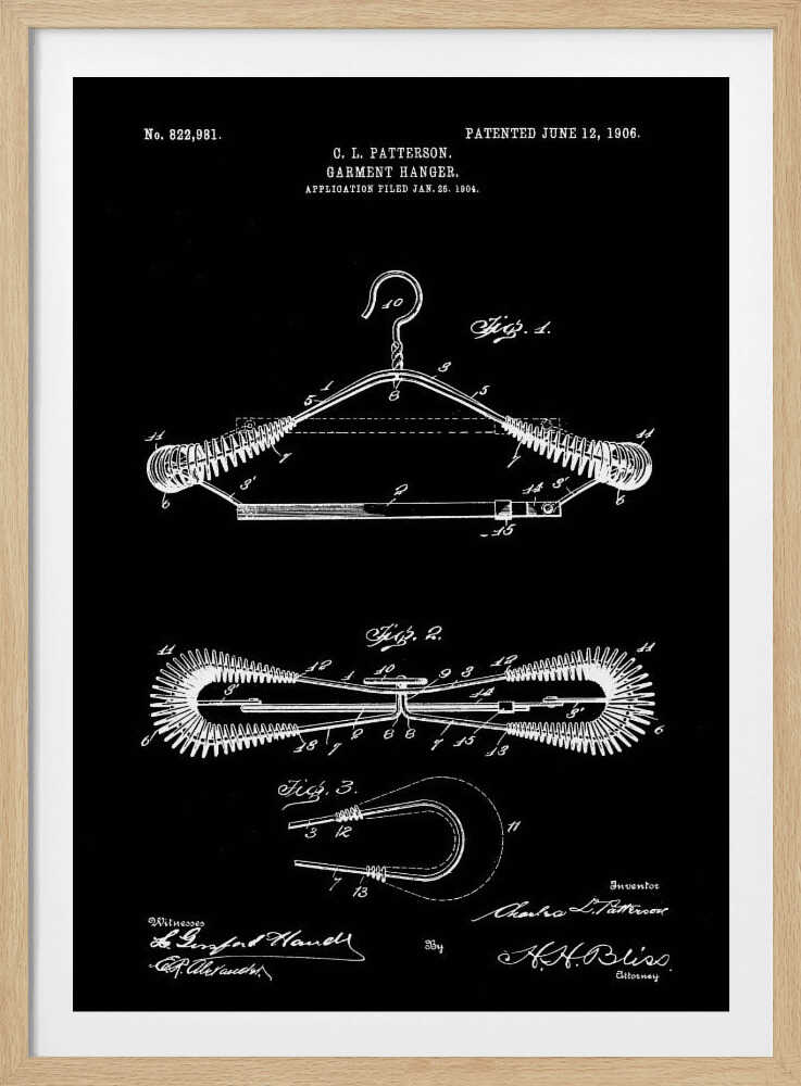 A vintage patent illustration for a garment hanger by C. L. Patterson, dated 1906. The technical drawing, in white lines on a black background, shows three figures detailing the wire hanger's design, including coiled spring-like arms. The document includes the patent number, dates, and signatures. Print