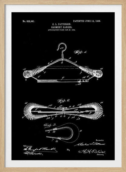 A vintage patent illustration for a garment hanger by C. L. Patterson, dated 1906. The technical drawing, in white lines on a black background, shows three figures detailing the wire hanger's design, including coiled spring-like arms. The document includes the patent number, dates, and signatures. Print