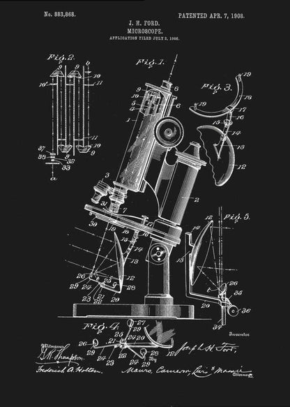 A framed black and white patent illustration for a microscope, designed by J. H. Ford and patented on April 7, 1908. The detailed diagrams show various components and views of the scientific instrument against a black background. Wall Art