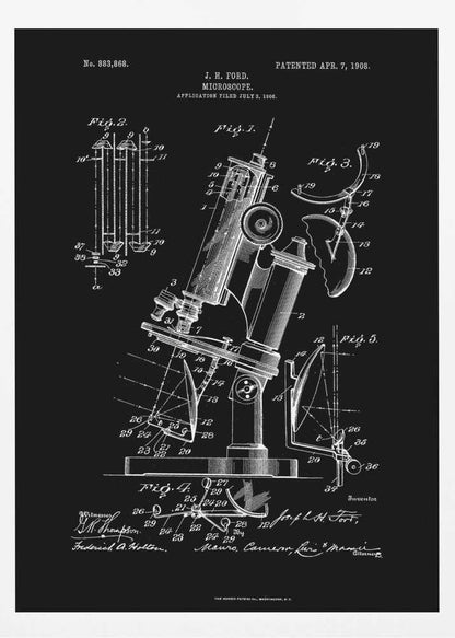 A framed black and white patent illustration for a microscope, designed by J. H. Ford and patented on April 7, 1908. The detailed diagrams show various components and views of the scientific instrument against a black background. Wall Art