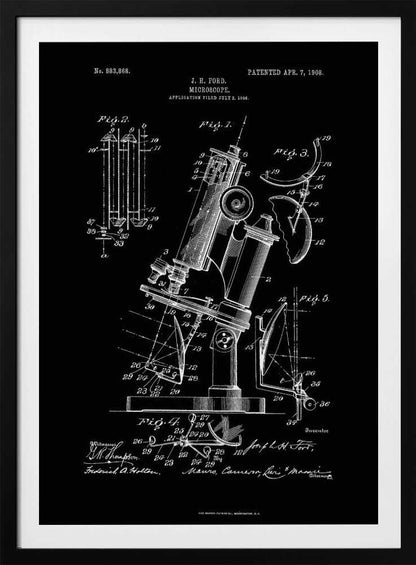 A framed black and white patent illustration for a microscope, designed by J. H. Ford and patented on April 7, 1908. The detailed diagrams show various components and views of the scientific instrument against a black background. Wall Art