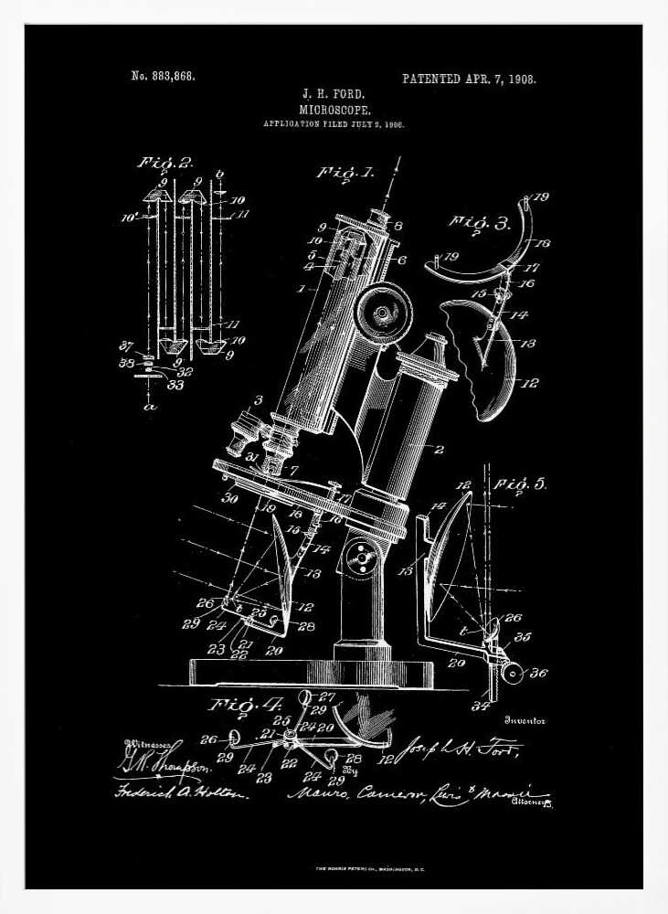 A framed black and white patent illustration for a microscope, designed by J. H. Ford and patented on April 7, 1908. The detailed diagrams show various components and views of the scientific instrument against a black background. Wall Art