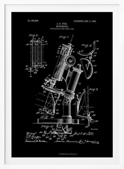 A framed black and white patent illustration for a microscope, designed by J. H. Ford and patented on April 7, 1908. The detailed diagrams show various components and views of the scientific instrument against a black background. Wall Art