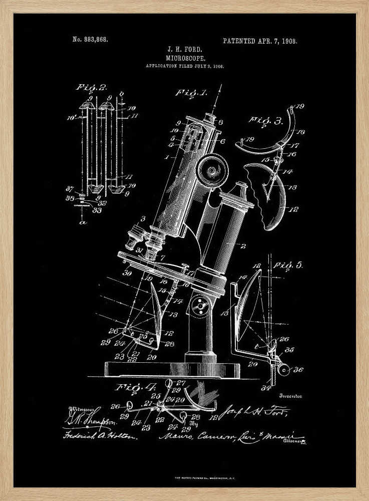 A framed black and white patent illustration for a microscope, designed by J. H. Ford and patented on April 7, 1908. The detailed diagrams show various components and views of the scientific instrument against a black background. Wall Art