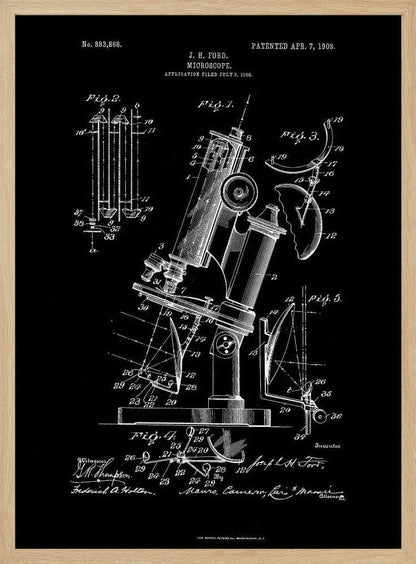A framed black and white patent illustration for a microscope, designed by J. H. Ford and patented on April 7, 1908. The detailed diagrams show various components and views of the scientific instrument against a black background. Wall Art