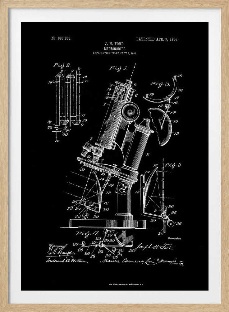 A framed black and white patent illustration for a microscope, designed by J. H. Ford and patented on April 7, 1908. The detailed diagrams show various components and views of the scientific instrument against a black background. Wall Art