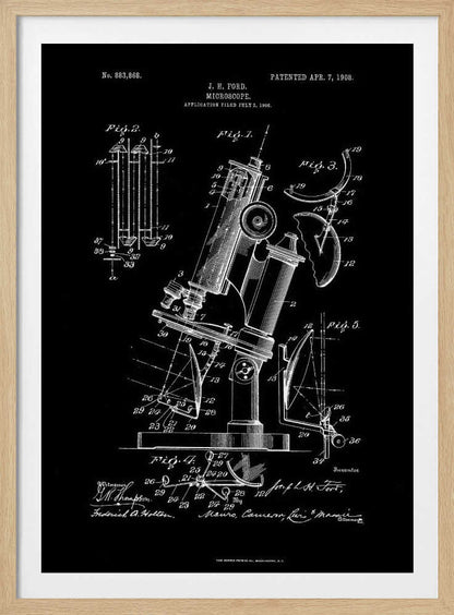 A framed black and white patent illustration for a microscope, designed by J. H. Ford and patented on April 7, 1908. The detailed diagrams show various components and views of the scientific instrument against a black background. Wall Art