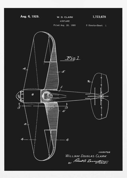 A vintage patent illustration for an airplane by W.D. Clark, dated August 6, 1929. The image is a white-on-black blueprint-style schematic showing a top-down view of the aircraft, complete with technical labels and signatures within a black frame. Artwork
