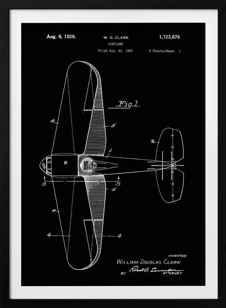 A vintage patent illustration for an airplane by W.D. Clark, dated August 6, 1929. The image is a white-on-black blueprint-style schematic showing a top-down view of the aircraft, complete with technical labels and signatures within a black frame. Artwork