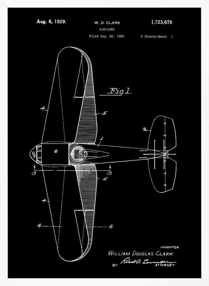 A vintage patent illustration for an airplane by W.D. Clark, dated August 6, 1929. The image is a white-on-black blueprint-style schematic showing a top-down view of the aircraft, complete with technical labels and signatures within a black frame. Artwork