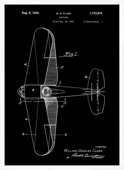A vintage patent illustration for an airplane by W.D. Clark, dated August 6, 1929. The image is a white-on-black blueprint-style schematic showing a top-down view of the aircraft, complete with technical labels and signatures within a black frame. Artwork