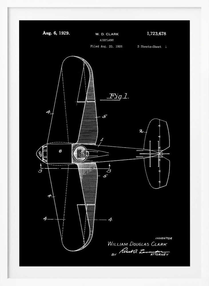 A vintage patent illustration for an airplane by W.D. Clark, dated August 6, 1929. The image is a white-on-black blueprint-style schematic showing a top-down view of the aircraft, complete with technical labels and signatures within a black frame. Artwork