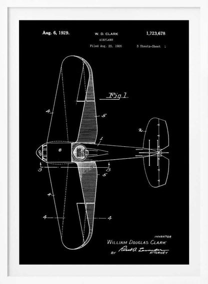 A vintage patent illustration for an airplane by W.D. Clark, dated August 6, 1929. The image is a white-on-black blueprint-style schematic showing a top-down view of the aircraft, complete with technical labels and signatures within a black frame. Artwork