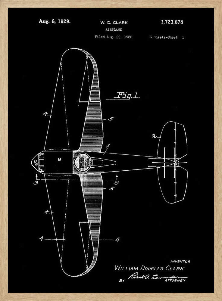 A vintage patent illustration for an airplane by W.D. Clark, dated August 6, 1929. The image is a white-on-black blueprint-style schematic showing a top-down view of the aircraft, complete with technical labels and signatures within a black frame. Artwork