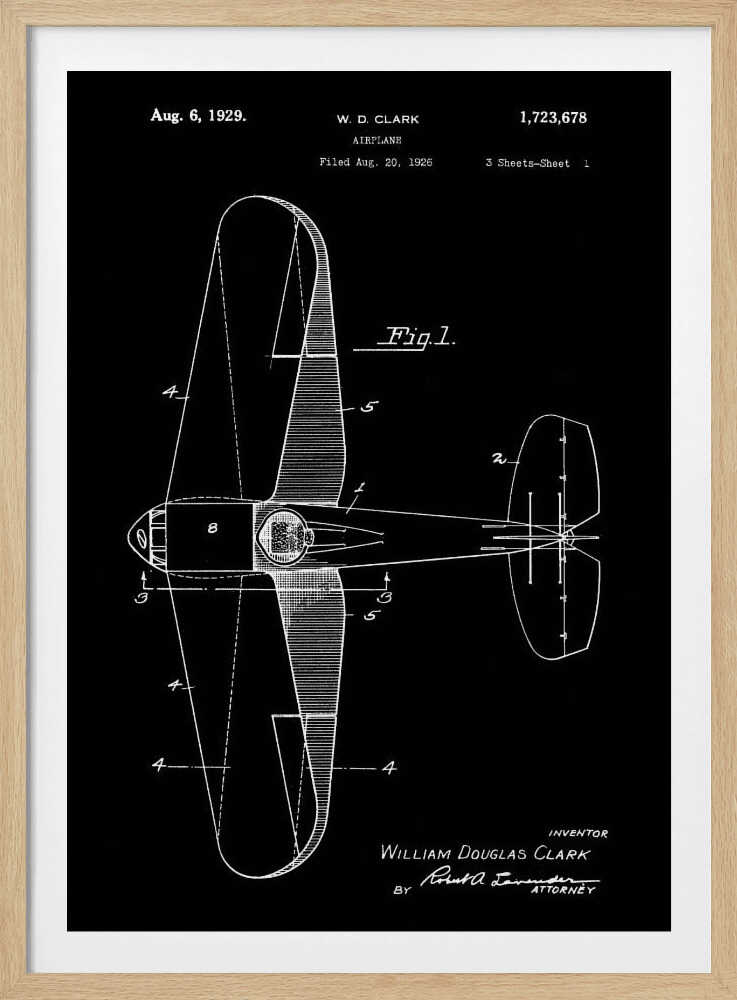 A vintage patent illustration for an airplane by W.D. Clark, dated August 6, 1929. The image is a white-on-black blueprint-style schematic showing a top-down view of the aircraft, complete with technical labels and signatures within a black frame. Artwork