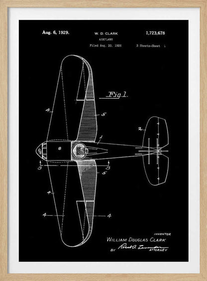 A vintage patent illustration for an airplane by W.D. Clark, dated August 6, 1929. The image is a white-on-black blueprint-style schematic showing a top-down view of the aircraft, complete with technical labels and signatures within a black frame. Artwork