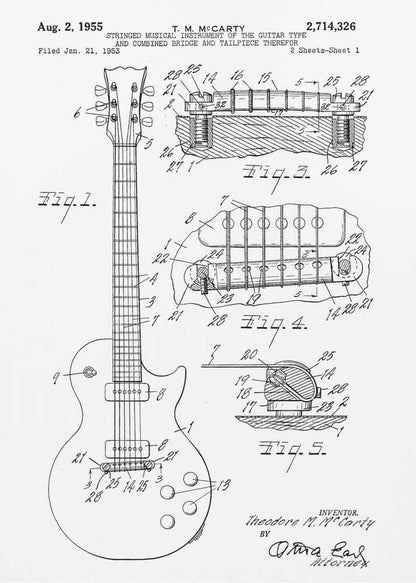 A framed black and white patent illustration for a stringed musical instrument, specifically an electric guitar, filed in 1953 by T. M. McCarty. The poster displays detailed schematic drawings of the guitar's body, neck, and close-ups of the combined bridge and tailpiece. Artwork