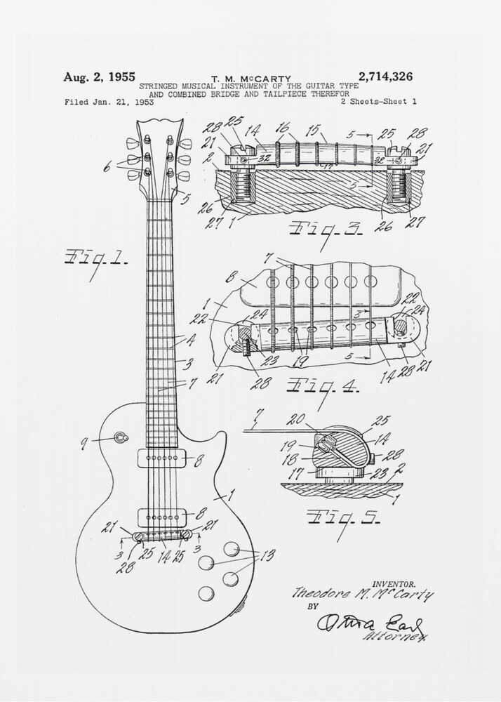 A framed black and white patent illustration for a stringed musical instrument, specifically an electric guitar, filed in 1953 by T. M. McCarty. The poster displays detailed schematic drawings of the guitar's body, neck, and close-ups of the combined bridge and tailpiece. Artwork