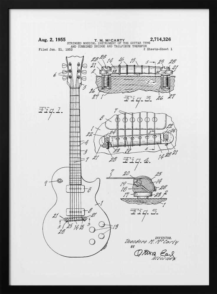 A framed black and white patent illustration for a stringed musical instrument, specifically an electric guitar, filed in 1953 by T. M. McCarty. The poster displays detailed schematic drawings of the guitar's body, neck, and close-ups of the combined bridge and tailpiece. Artwork