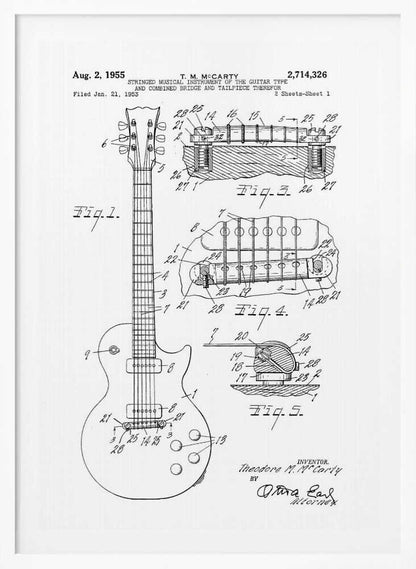 A framed black and white patent illustration for a stringed musical instrument, specifically an electric guitar, filed in 1953 by T. M. McCarty. The poster displays detailed schematic drawings of the guitar's body, neck, and close-ups of the combined bridge and tailpiece. Artwork