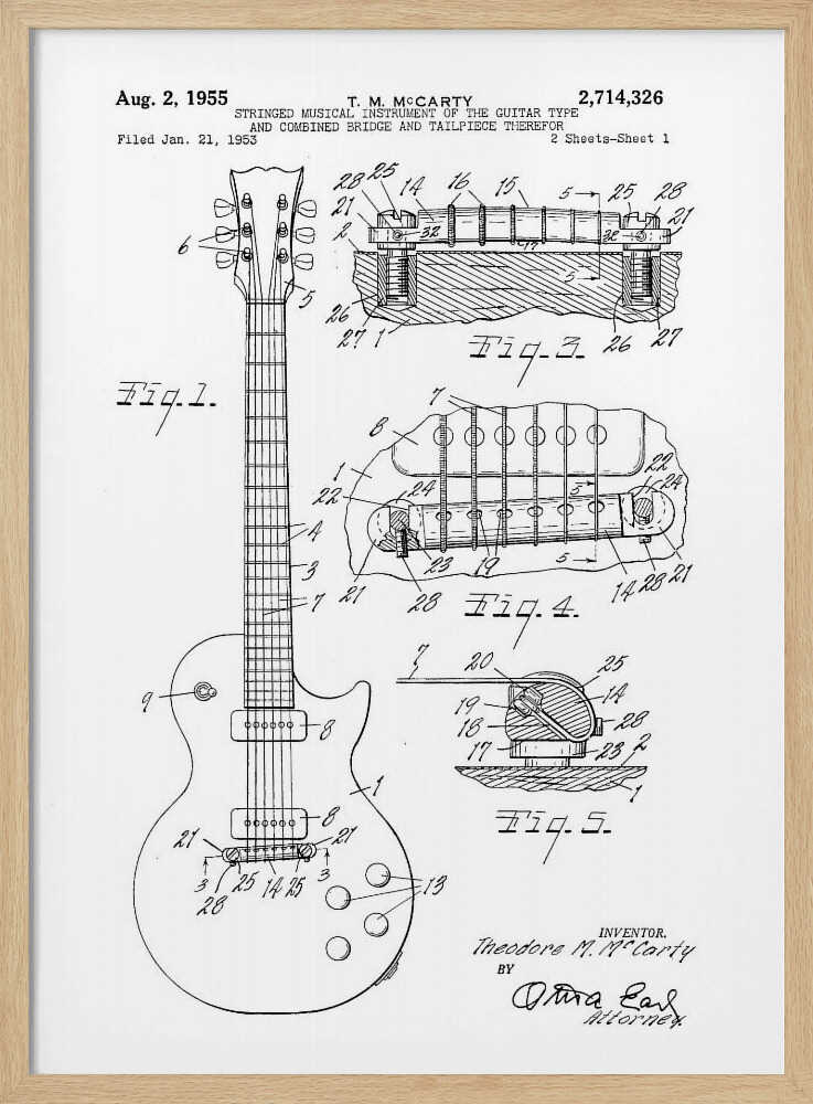 A framed black and white patent illustration for a stringed musical instrument, specifically an electric guitar, filed in 1953 by T. M. McCarty. The poster displays detailed schematic drawings of the guitar's body, neck, and close-ups of the combined bridge and tailpiece. Artwork