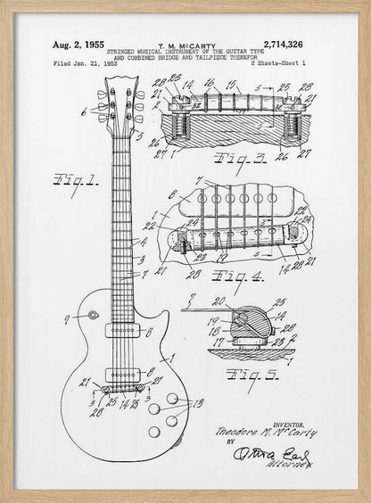 A framed black and white patent illustration for a stringed musical instrument, specifically an electric guitar, filed in 1953 by T. M. McCarty. The poster displays detailed schematic drawings of the guitar's body, neck, and close-ups of the combined bridge and tailpiece. Artwork