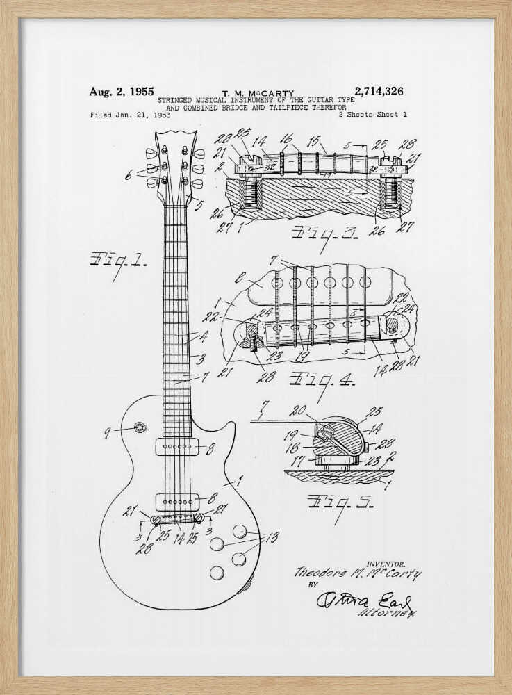 A framed black and white patent illustration for a stringed musical instrument, specifically an electric guitar, filed in 1953 by T. M. McCarty. The poster displays detailed schematic drawings of the guitar's body, neck, and close-ups of the combined bridge and tailpiece. Artwork