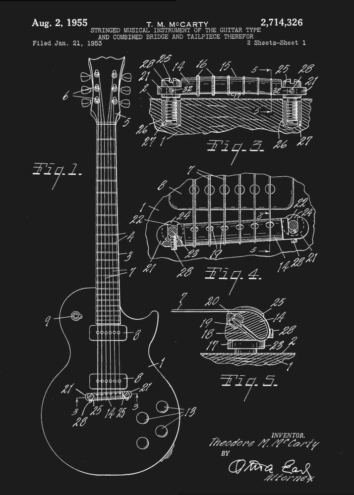 A framed vintage patent illustration of an electric guitar from 1955, depicted in a white-on-black blueprint style. The poster shows a full view of the guitar and detailed cross-sections of its bridge and tailpiece, complete with labels and reference numbers. Poster