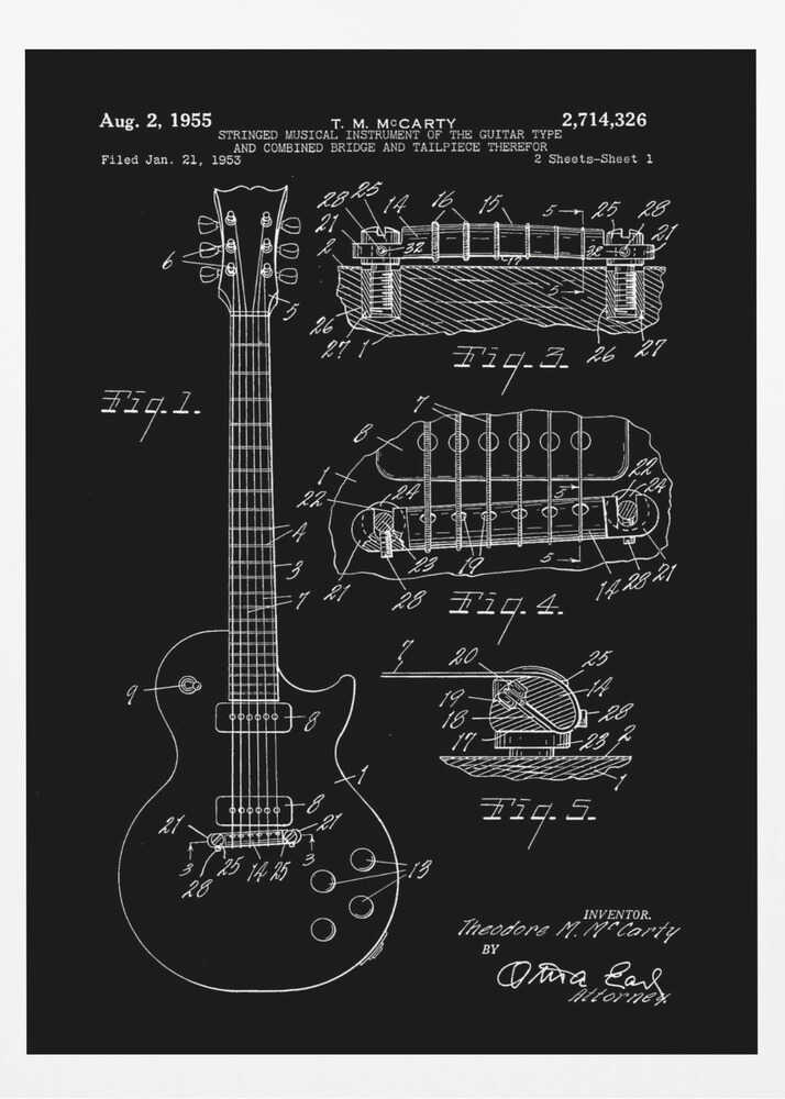 A framed vintage patent illustration of an electric guitar from 1955, depicted in a white-on-black blueprint style. The poster shows a full view of the guitar and detailed cross-sections of its bridge and tailpiece, complete with labels and reference numbers. Poster