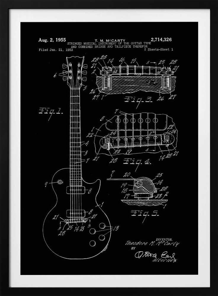 A framed vintage patent illustration of an electric guitar from 1955, depicted in a white-on-black blueprint style. The poster shows a full view of the guitar and detailed cross-sections of its bridge and tailpiece, complete with labels and reference numbers. Poster