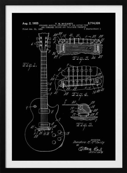 A framed vintage patent illustration of an electric guitar from 1955, depicted in a white-on-black blueprint style. The poster shows a full view of the guitar and detailed cross-sections of its bridge and tailpiece, complete with labels and reference numbers. Poster